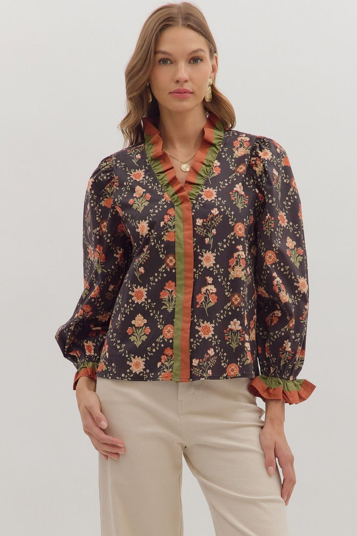 Ruffle Trim Floral V - Neck Top - Lush Lemon - Women's Clothing - Entro - 62019771069085