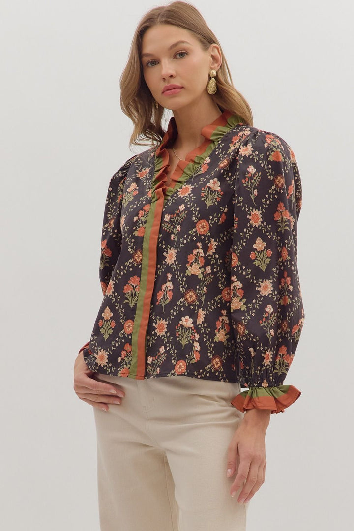 Ruffle Trim Floral V - Neck Top - Lush Lemon - Women's Clothing - Entro - 62019771069085