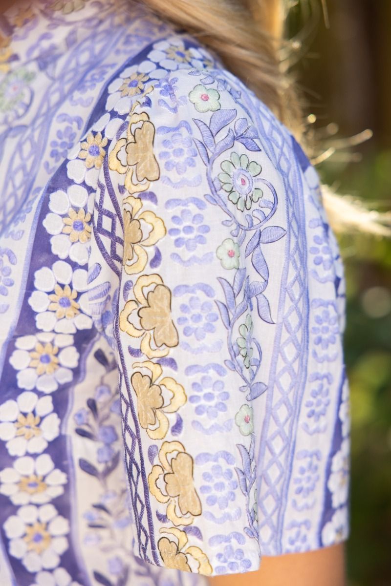 Ruffle V - Neckline Floral Embroidery Top - Lush Lemon - Women's Clothing - Voy - 69108071056701