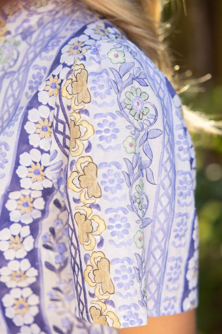 Ruffle V - Neckline Floral Embroidery Top - Lush Lemon - Women's Clothing - Voy - 69108071056701