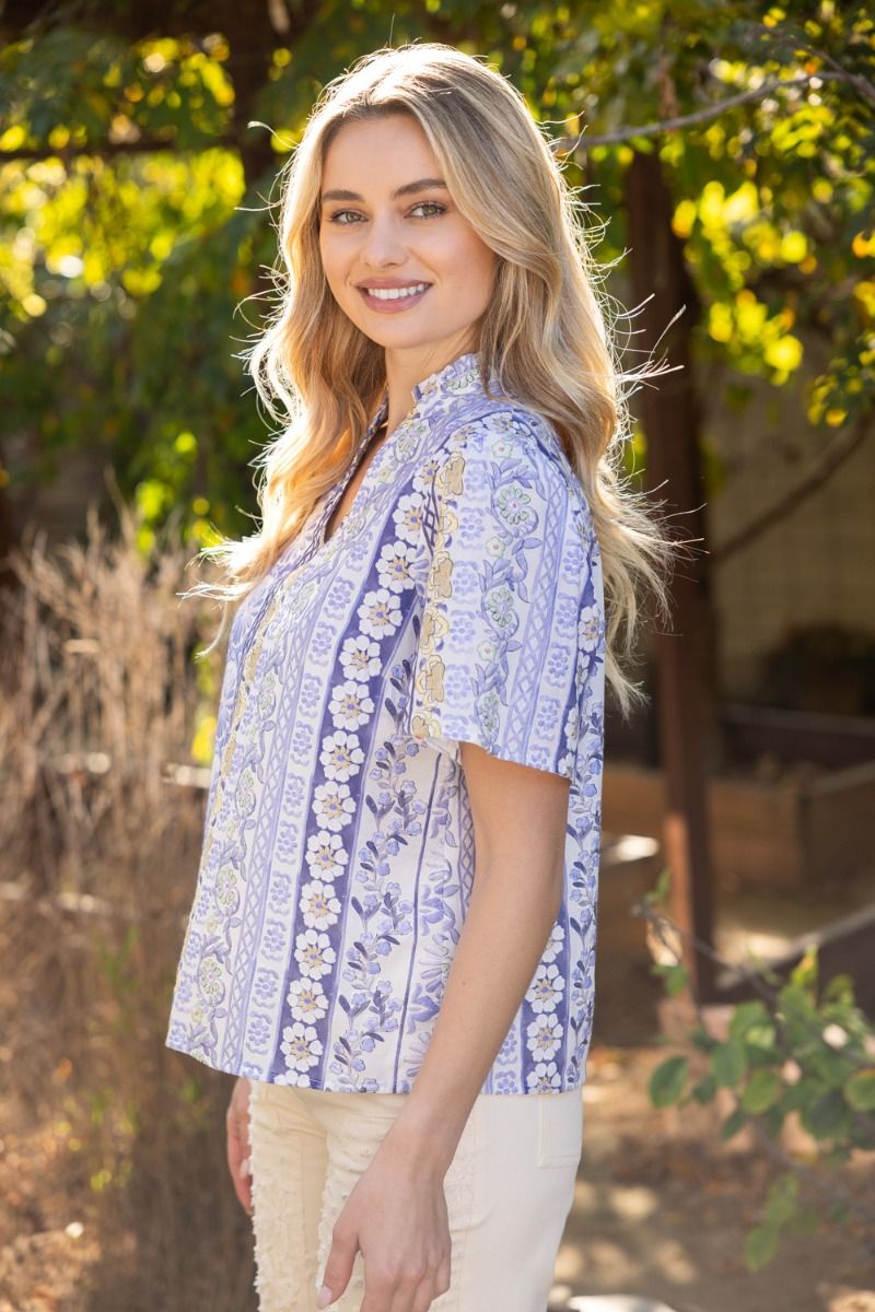 Ruffle V - Neckline Floral Embroidery Top - Lush Lemon - Women's Clothing - Voy - 69108071056701