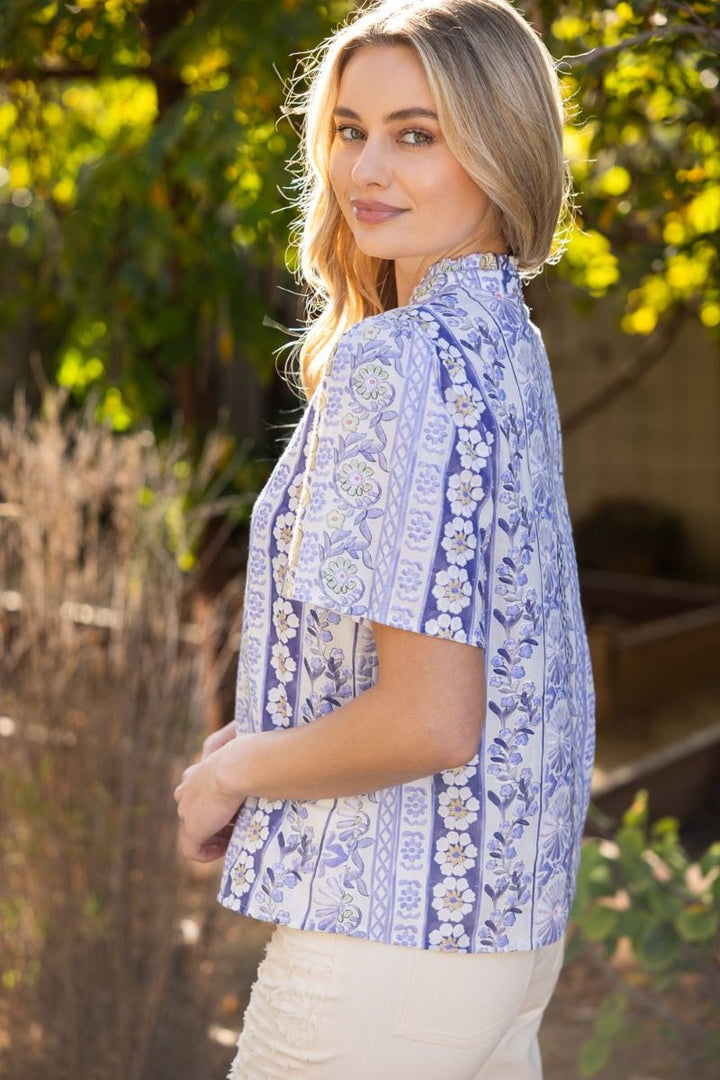 Ruffle V - Neckline Floral Embroidery Top - Lush Lemon - Women's Clothing - Voy - 69108071056701