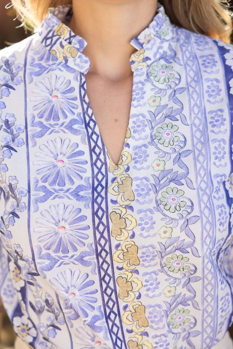 Ruffle V - Neckline Floral Embroidery Top - Lush Lemon - Women's Clothing - Voy - 69108071056701