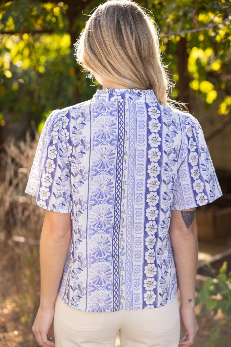 Ruffle V - Neckline Floral Embroidery Top - Lush Lemon - Women's Clothing - Voy - 69108071056701