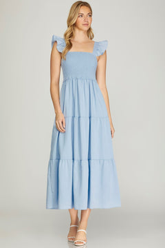 Ruffled Sleeve Smocked Tiered Dress W/Square Neck - Lush Lemon - Women&