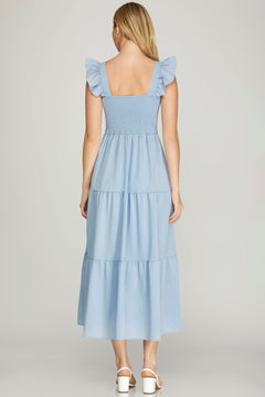 Ruffled Sleeve Smocked Tiered Dress W/Square Neck - Lush Lemon - Women&