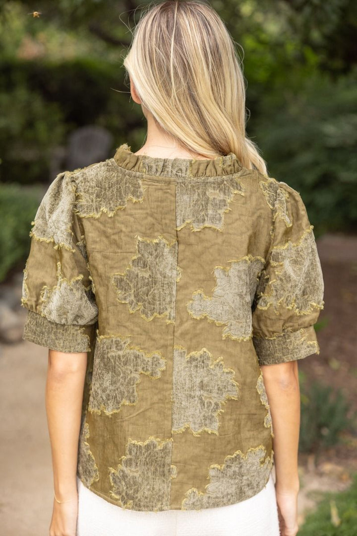 Ruffled V-Neck Burnout Velvet Top - Lush Lemon - Women's Clothing - Voy - 72392311079101
