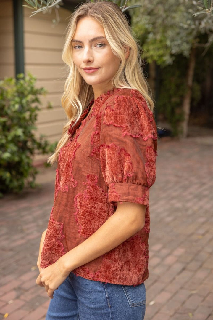 Ruffled V-Neck Burnout Velvet Top - Lush Lemon - Women's Clothing - Voy - 72392311377405