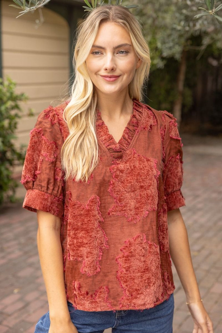 Ruffled V-Neck Burnout Velvet Top - Lush Lemon - Women's Clothing - Voy - 72392311377405