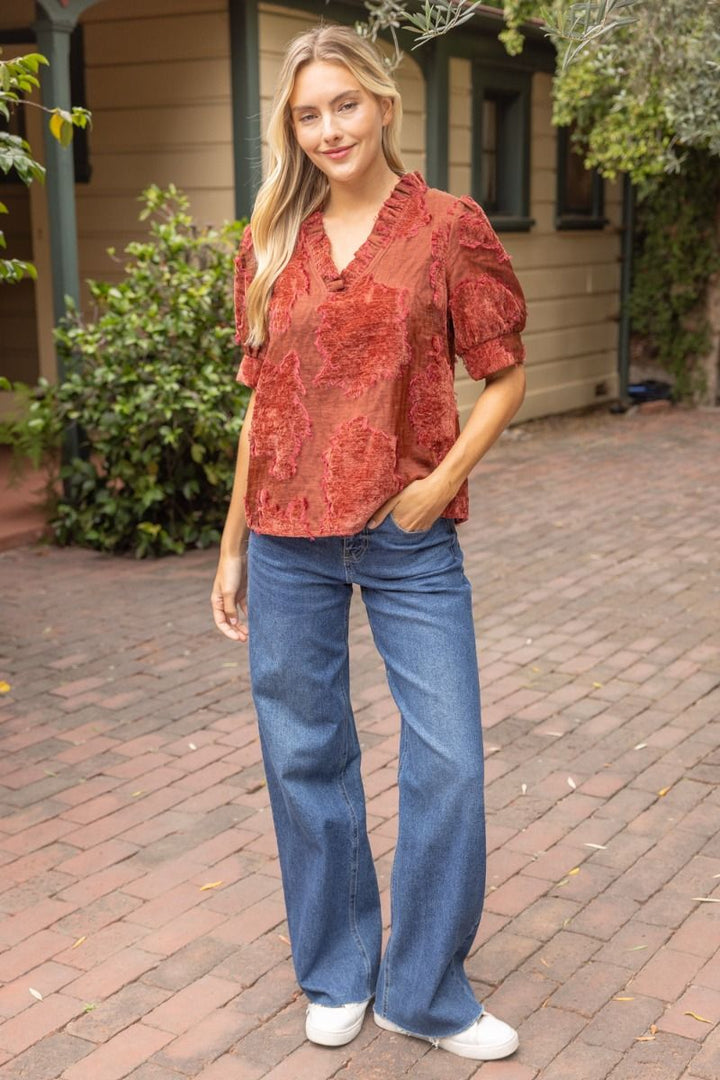 Ruffled V-Neck Burnout Velvet Top - Lush Lemon - Women's Clothing - Voy - 72392311377405