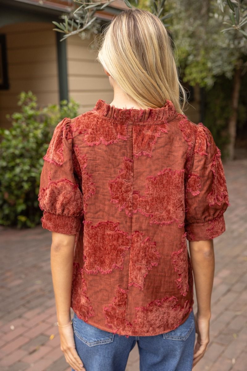 Ruffled V-Neck Burnout Velvet Top - Lush Lemon - Women's Clothing - Voy - 72392311377405