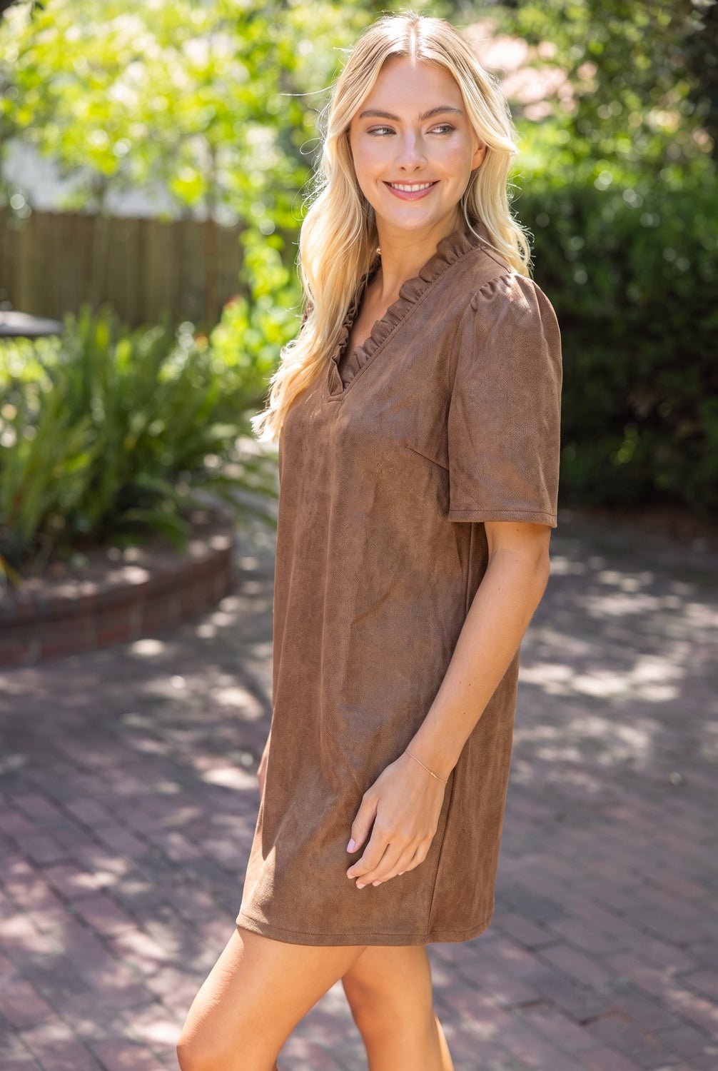 Ruffled V-Neck Faux Leather Shift Dress - Lush Lemon - Women's Clothing - Voy - 44654091686461