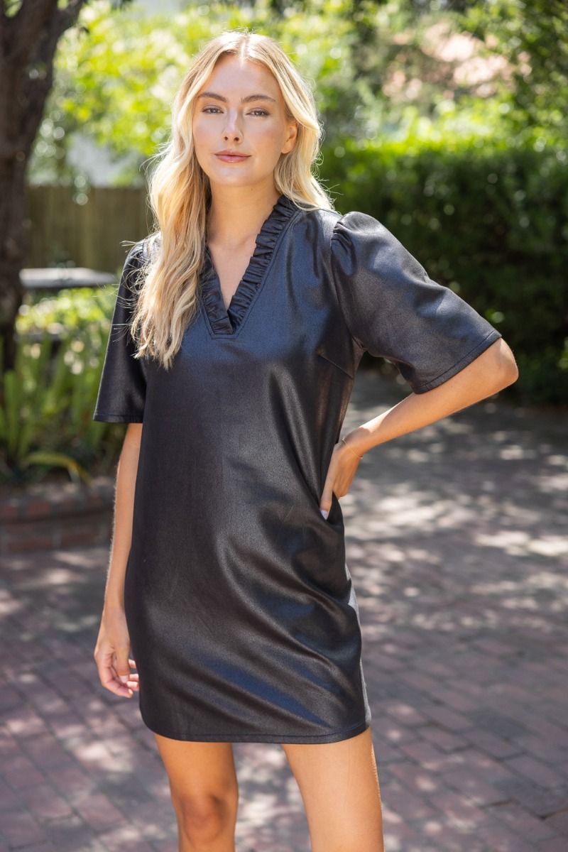 Ruffled V-Neck Faux Leather Shift Dress - Lush Lemon - Women's Clothing - Voy - 69292101054781