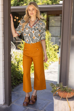 Ruffled V Neck Printed Top W/Trim Detail - Lush Lemon - Women&
