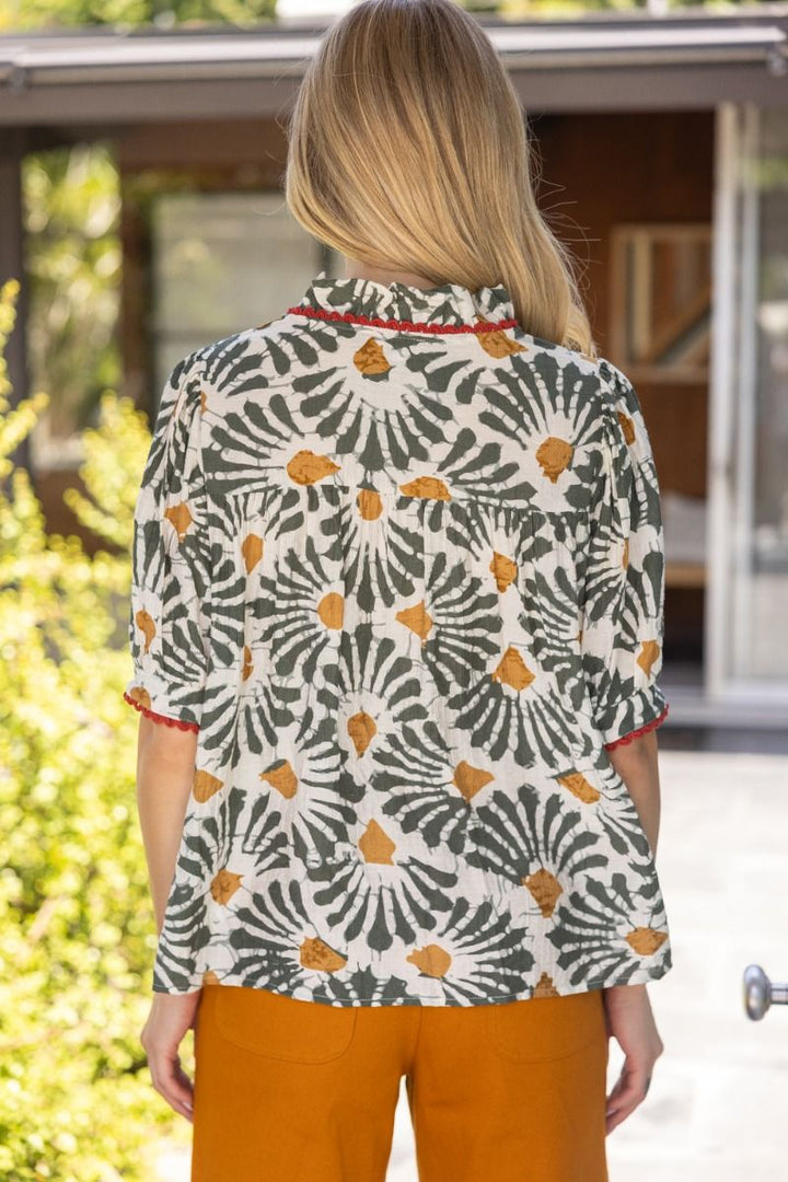 Ruffled V Neck Printed Top W/Trim Detail - Lush Lemon - Women's Clothing - Voy - 97316601022813