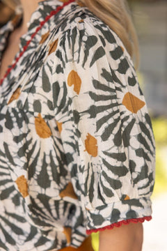 Ruffled V Neck Printed Top W/Trim Detail - Lush Lemon - Women&