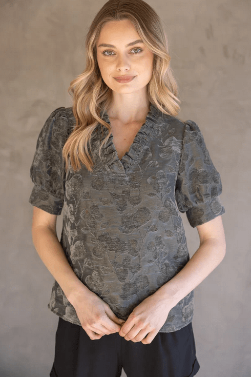 Ruffled V Neck Velvet Floral Top - Lush Lemon - Women's Clothing - Voy - 19527541029949