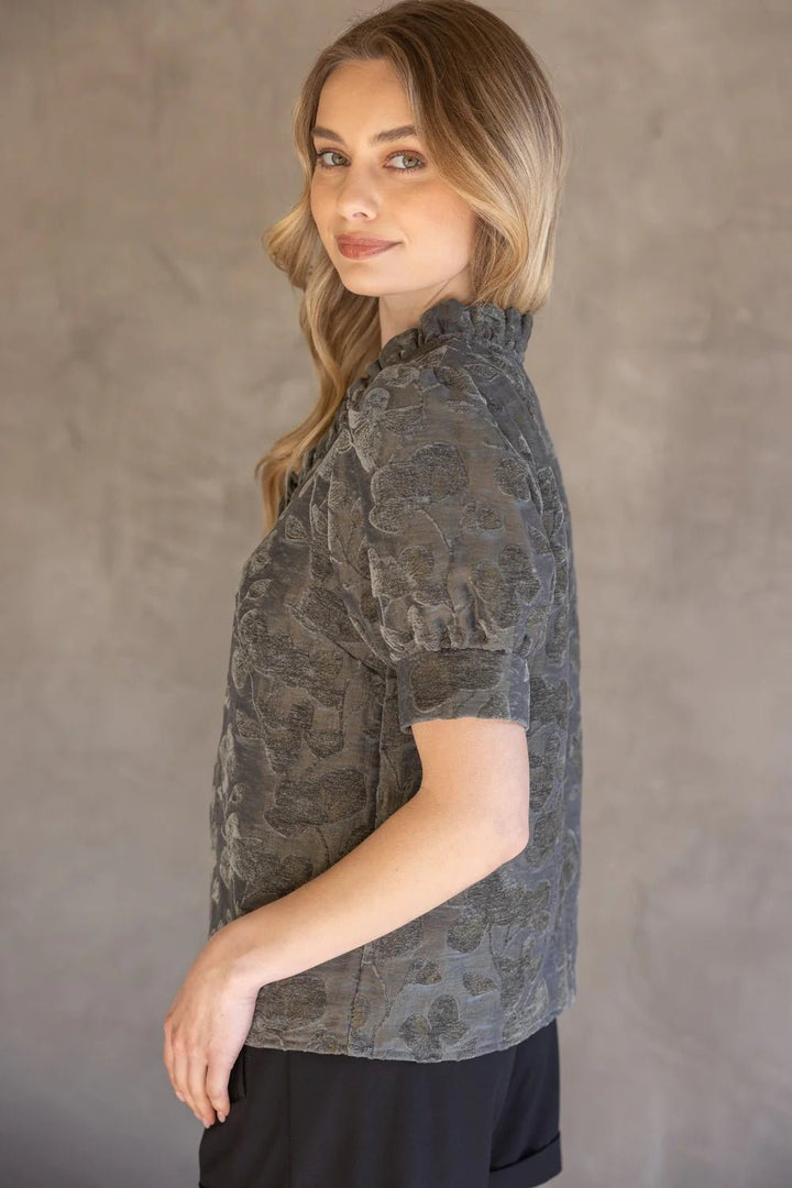Ruffled V Neck Velvet Floral Top - Lush Lemon - Women's Clothing - Voy - 19527541029949