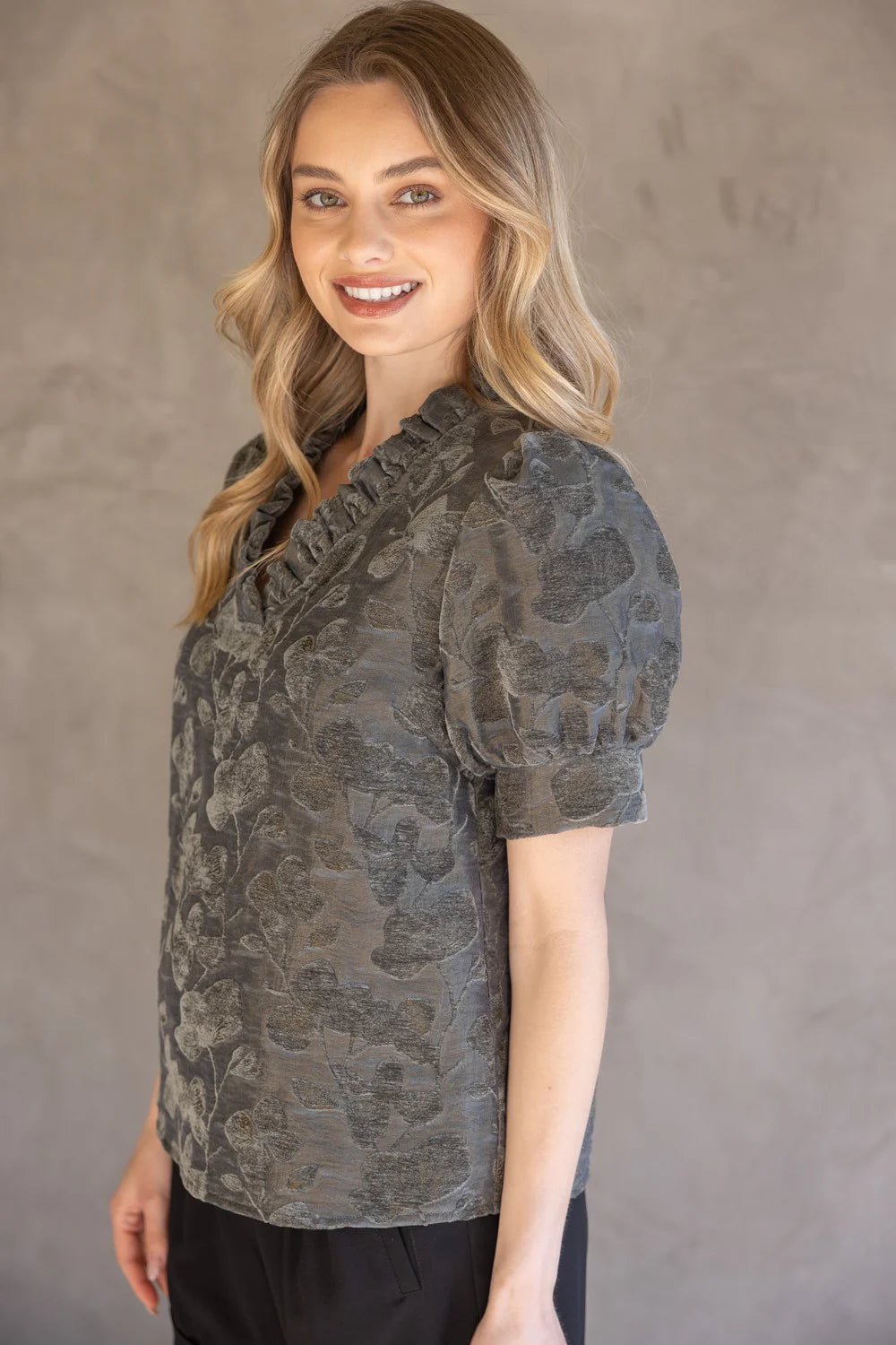 Ruffled V Neck Velvet Floral Top - Lush Lemon - Women's Clothing - Voy - 19527541029949