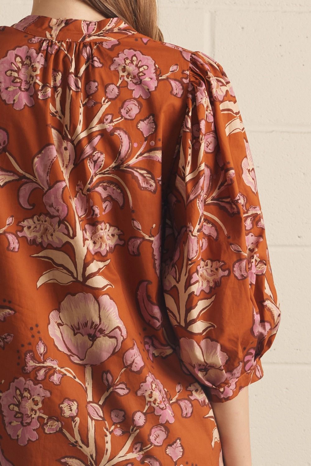 Rust Floral Puff Sleeve Mini Dress - Lush Lemon - Women&