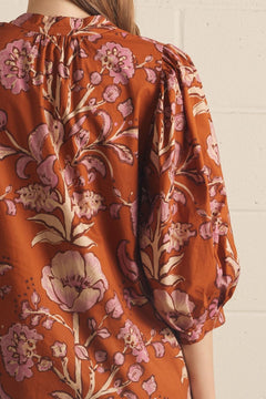 Rust Floral Puff Sleeve Mini Dress - Lush Lemon - Women&