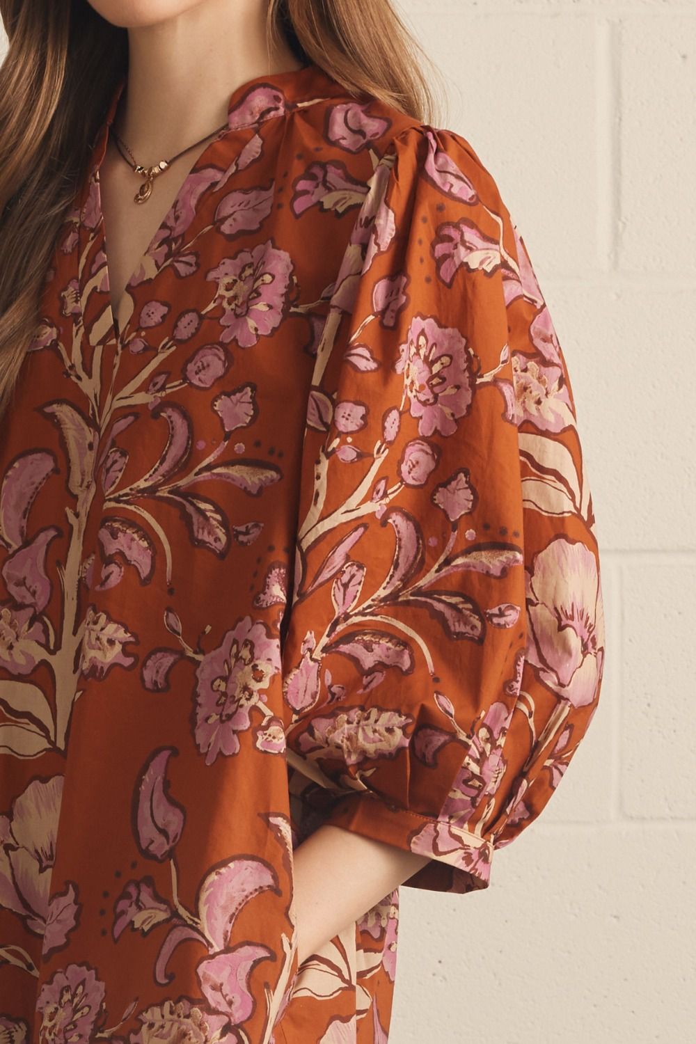 Rust Floral Puff Sleeve Mini Dress - Lush Lemon - Women&