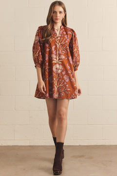 Rust Floral Puff Sleeve Mini Dress - Lush Lemon - Women&