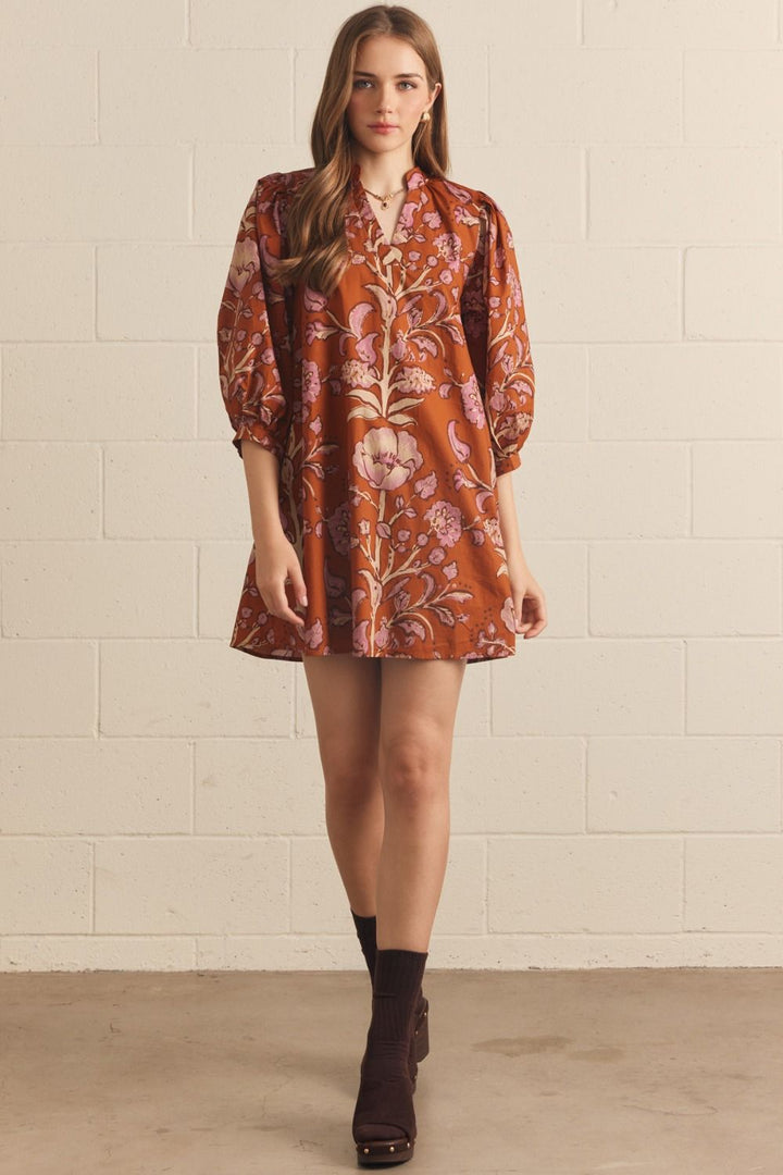 Rust Floral Puff Sleeve Mini Dress - Lush Lemon - Women&