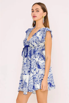 Santorini Coastal Sketch Short Dress - Lush Lemon - Women&