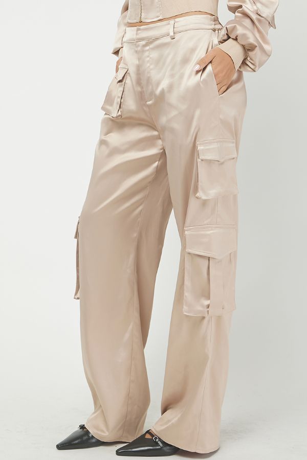 Satin Cropped Bomber Jacket & Cargo Trousers Set - Lush Lemon - Women's Clothing - Needii - 5515215515211