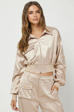 Satin Cropped Bomber Jacket &amp; Cargo Trousers Set - Lush Lemon - Women&