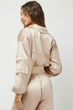 Satin Cropped Bomber Jacket &amp; Cargo Trousers Set - Lush Lemon - Women&