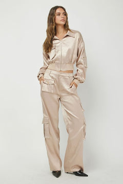 Satin Cropped Bomber Jacket &amp; Cargo Trousers Set - Lush Lemon - Women&