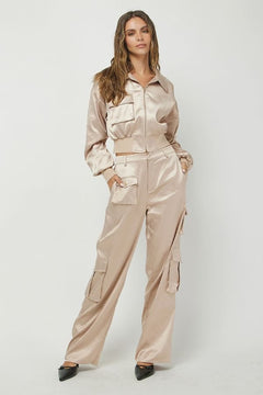 Satin Cropped Bomber Jacket &amp; Cargo Trousers Set - Lush Lemon - Women&