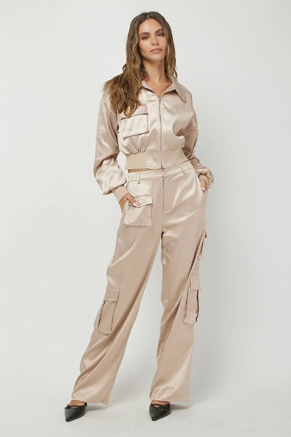 Satin Cropped Bomber Jacket & Cargo Trousers Set - Lush Lemon - Women's Clothing - Needii - 5515215515211