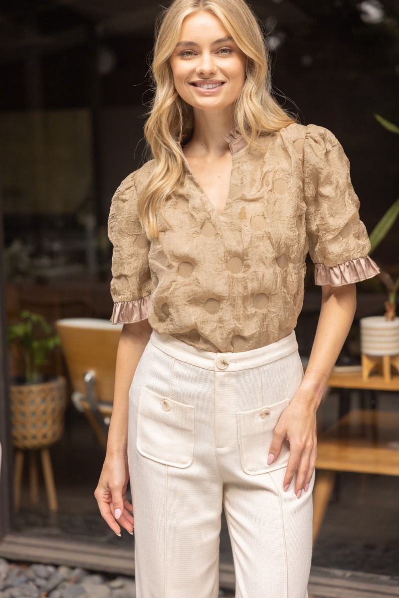Satin Ruffle Dotted Texture Top - Lush Lemon - Women's Clothing - Voy - 57075881016477