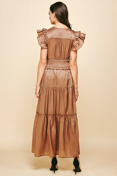 Satin Tiered Smocked Waist Maxi Dress - Lush Lemon - Women&