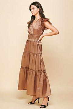 Satin Tiered Smocked Waist Maxi Dress - Lush Lemon - Women&