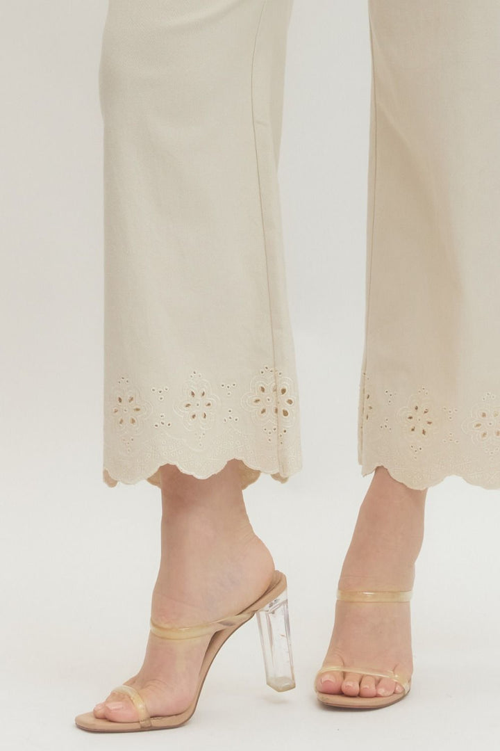 Scallop Eyelet Hem Ankle Pants - Lush Lemon - Women's Clothing - Entro - 40988751076445
