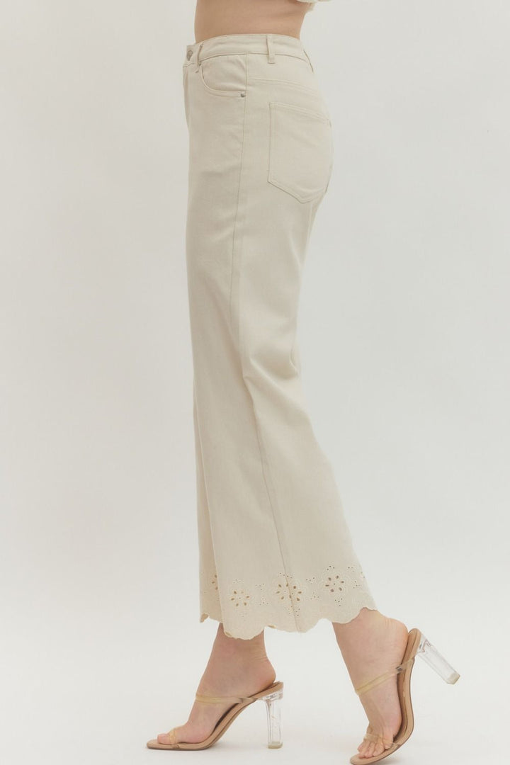 Scallop Eyelet Hem Ankle Pants - Lush Lemon - Women's Clothing - Entro - 40988751076445