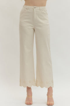 Scallop Eyelet Hem Ankle Pants - Lush Lemon - Women&