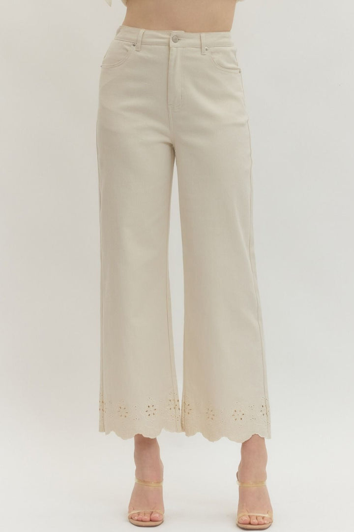 Scallop Eyelet Hem Ankle Pants - Lush Lemon - Women's Clothing - Entro - 40988751076445