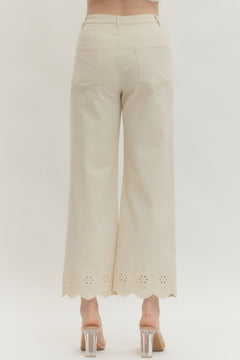 Scallop Eyelet Hem Ankle Pants - Lush Lemon - Women&