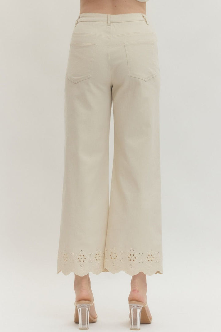Scallop Eyelet Hem Ankle Pants - Lush Lemon - Women's Clothing - Entro - 40988751076445