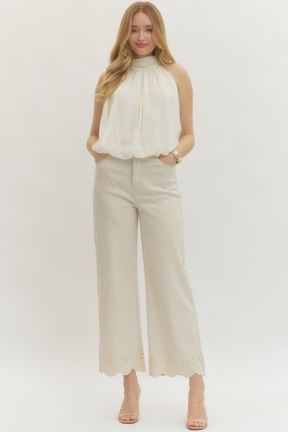 Scallop Eyelet Hem Ankle Pants - Lush Lemon - Women's Clothing - Entro - 40988751076445