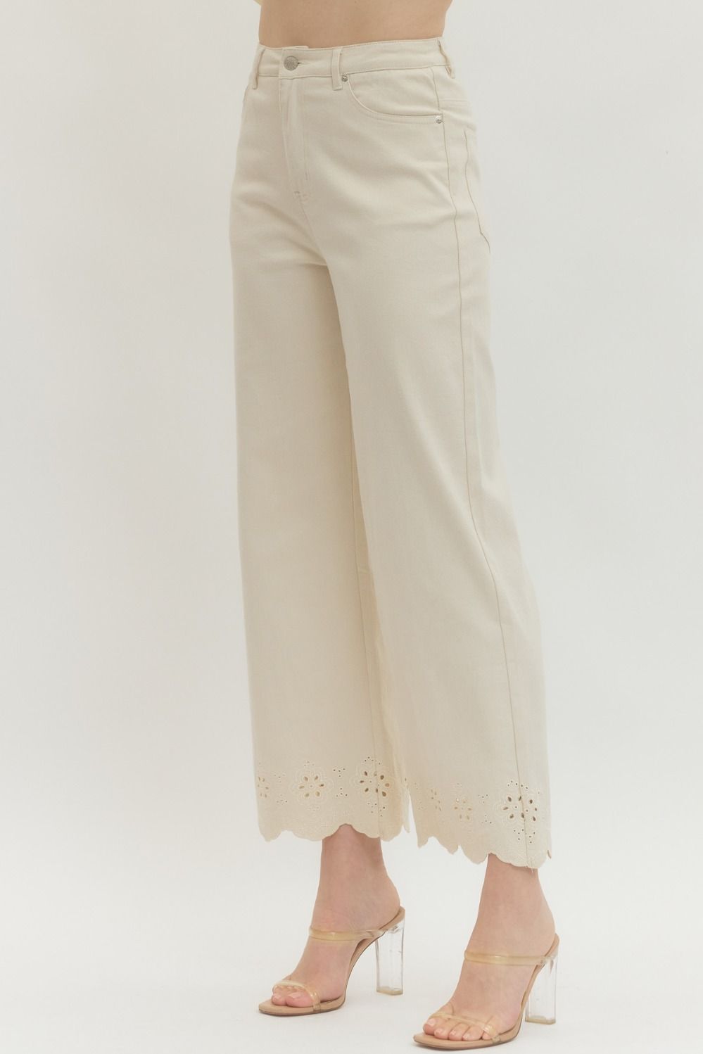 Scallop Eyelet Hem Ankle Pants - Lush Lemon - Women's Clothing - Entro - 40988751076445