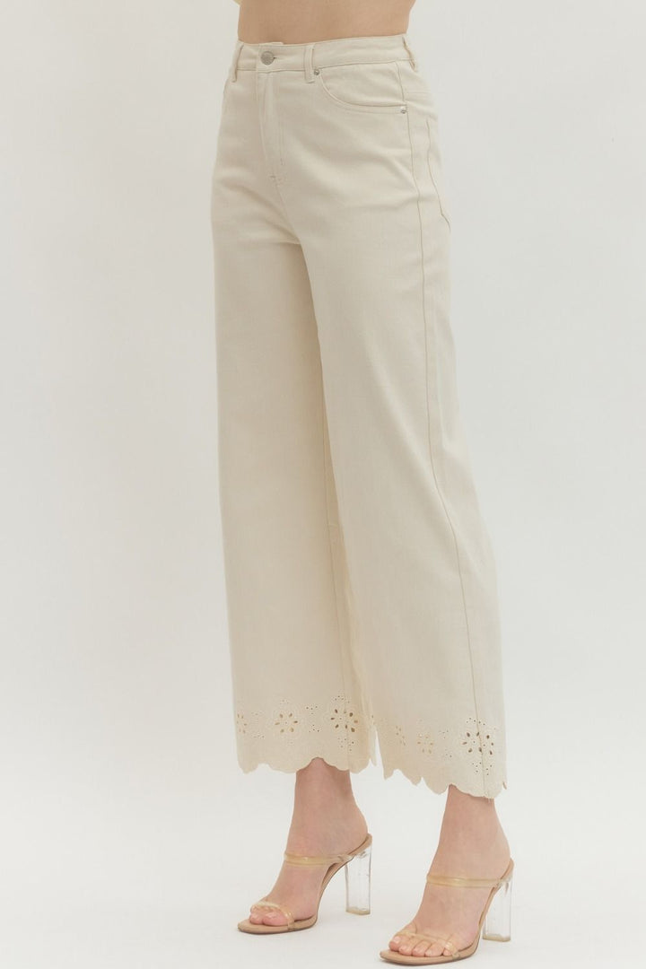 Scallop Eyelet Hem Ankle Pants - Lush Lemon - Women's Clothing - Entro - 40988751076445