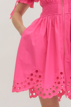 Scallop Eyelet Puff Sleeve Mini Dress - Lush Lemon - Women&