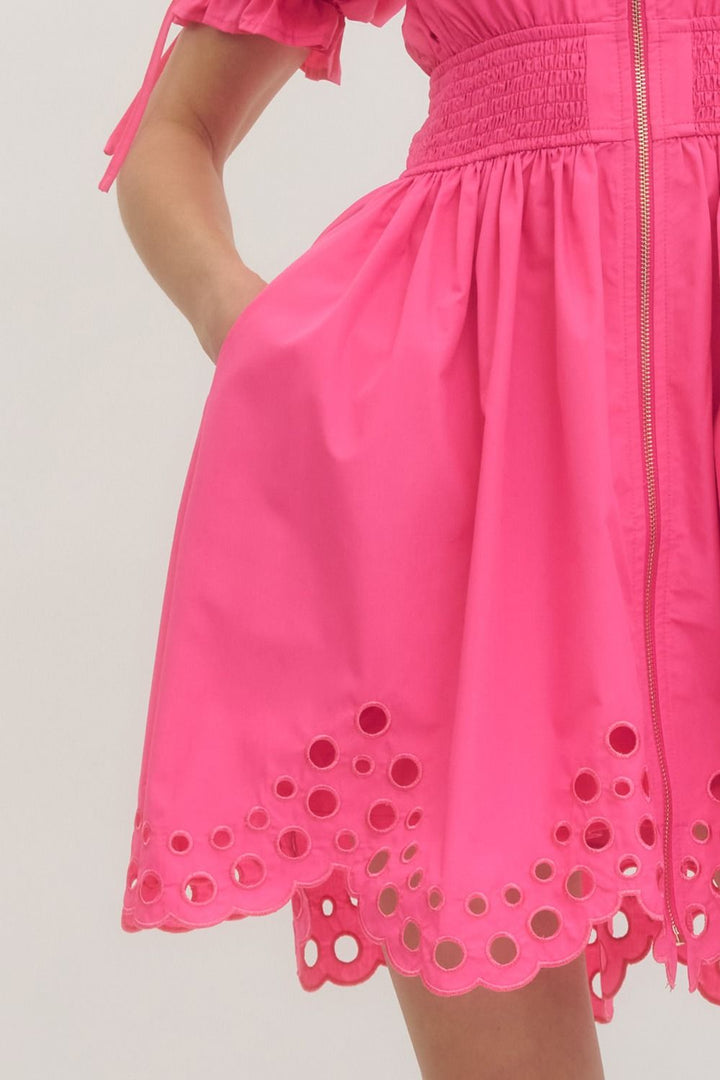 Scallop Eyelet Puff Sleeve Mini Dress - Lush Lemon - Women's Clothing - Entro - 35577031044893