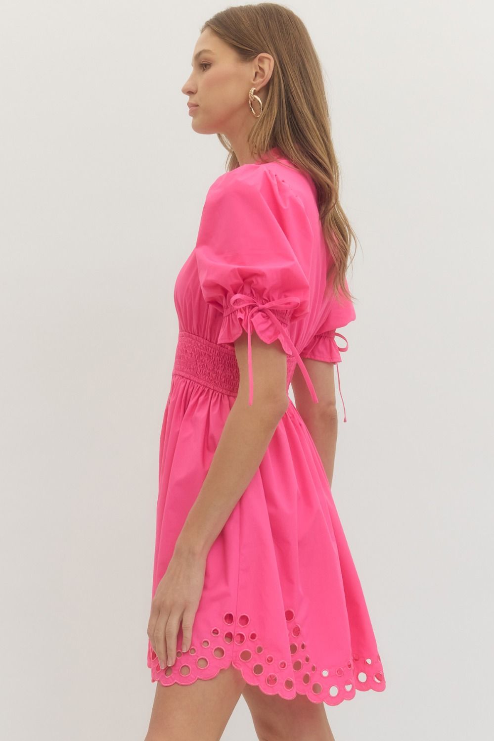 Scallop Eyelet Puff Sleeve Mini Dress - Lush Lemon - Women's Clothing - Entro - 35577031044893